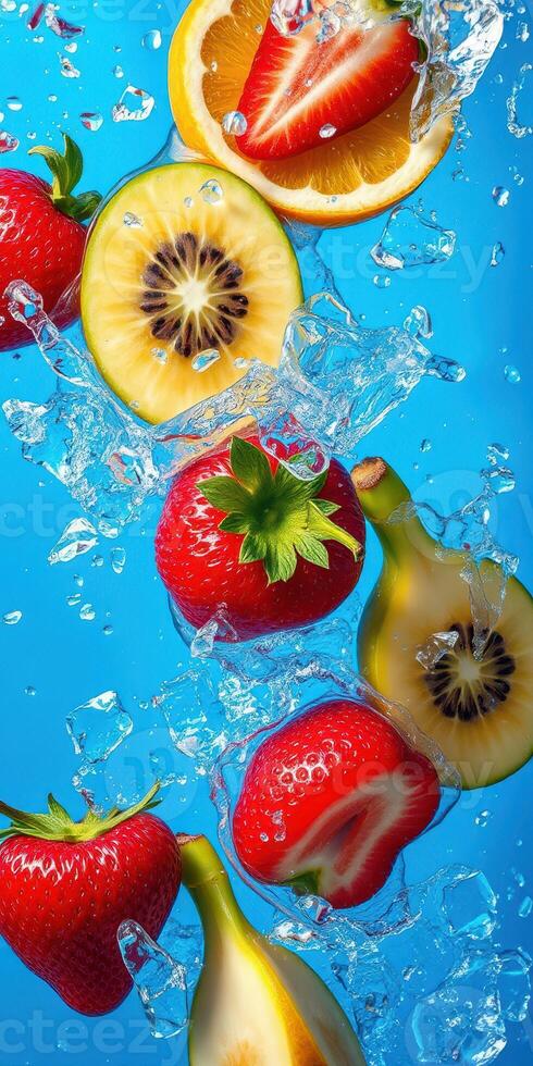Fresh fruits splashing in water against a vibrant blue background creating a refreshing visual delight photo