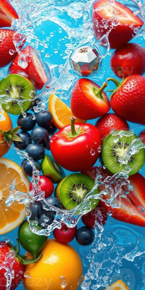 Fresh fruits splashing in water create a vibrant and colorful display showcasing nature's bounty photo