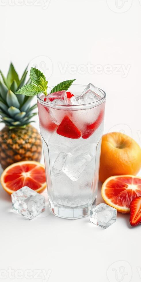 Refreshing summer beverage with strawberries, oranges, and mint on a bright background photo