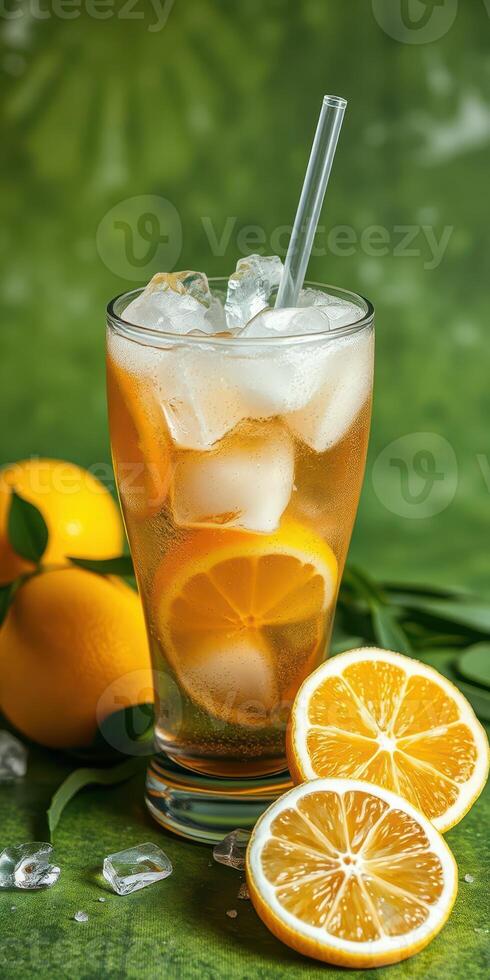 Refreshing iced orange beverage served in a tall glass with ice and fresh fruit on a green background photo
