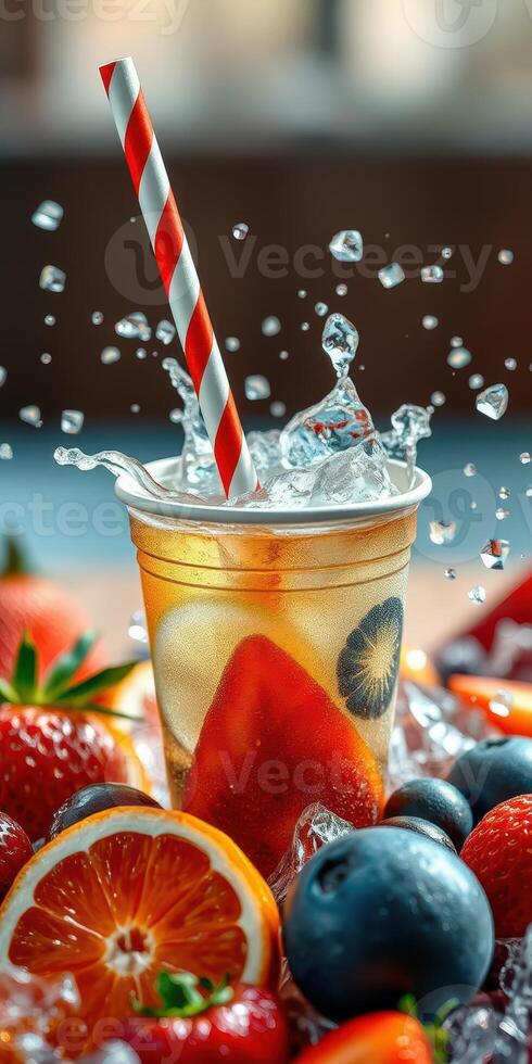 Refreshing fruit drink with splashes and colorful garnishes in a vibrant setting photo