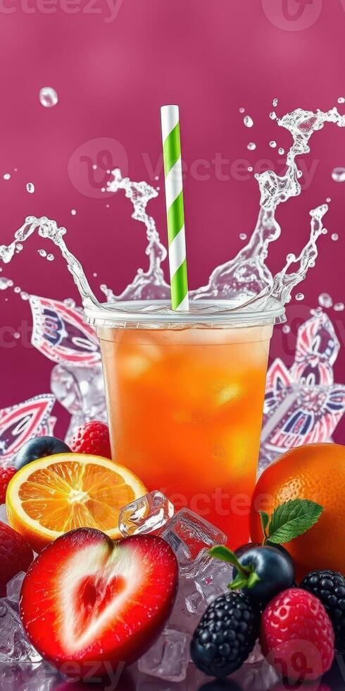 Colorful fruit drink splashes with ice against a vibrant pink background adorned with fruit photo