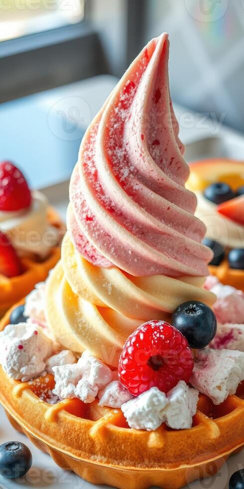 Creamy ice cream swirl atop a freshly baked waffle adorned with berries and whipped cream in a cozy cafe photo