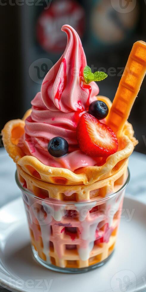 Delicious strawberry and blueberry soft serve in a waffle cup served on a white plate photo