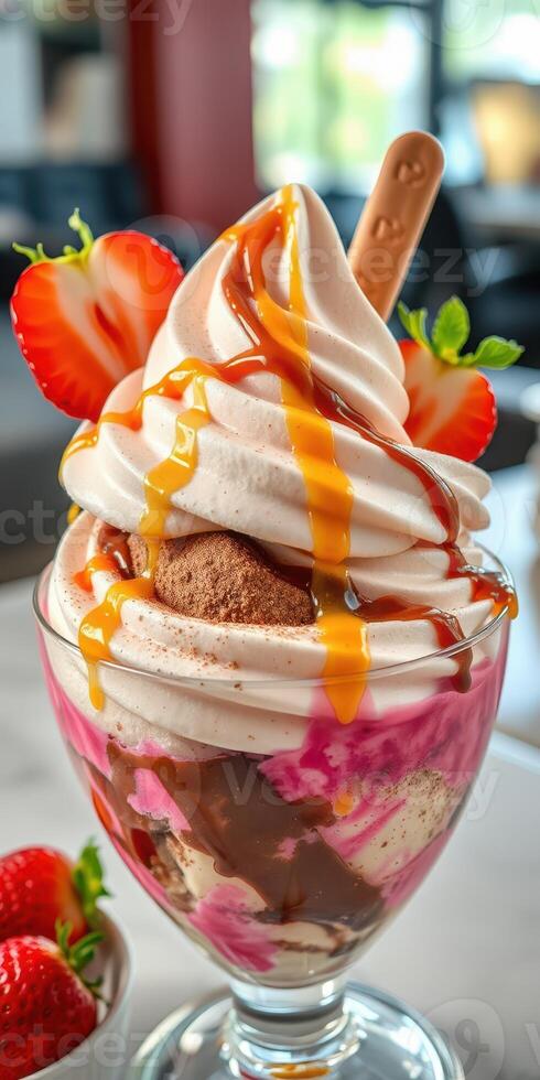 Delicious dessert featuring swirls of soft serve, chocolate, and strawberries in a glass photo
