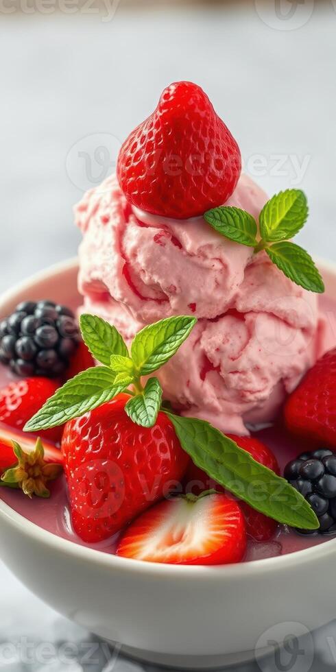 Delicious strawberry and blackberry ice cream sundae topped with fresh berries and mint leaves ready to enjoy photo