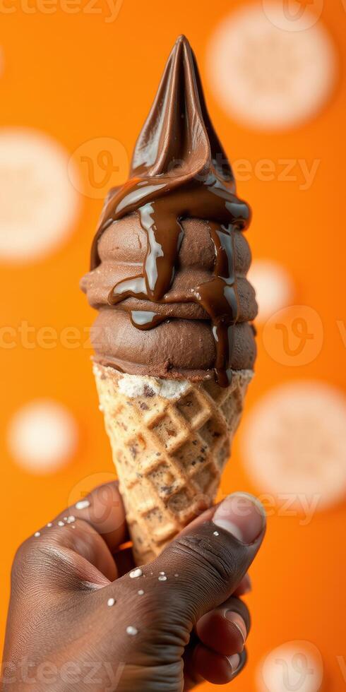 Enjoying a chocolate soft serve ice cream cone on a vibrant orange background with chocolate drizzle photo
