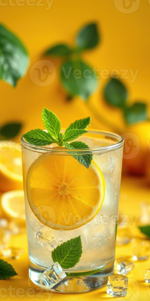 Refreshing citrus drink with lemon and mint served over ice in a vibrant setting photo