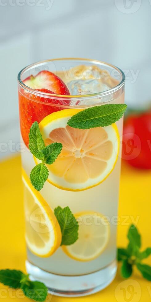 Refreshing lemonade infused with strawberries and mint garnished with lemon slices on a vibrant yellow background photo