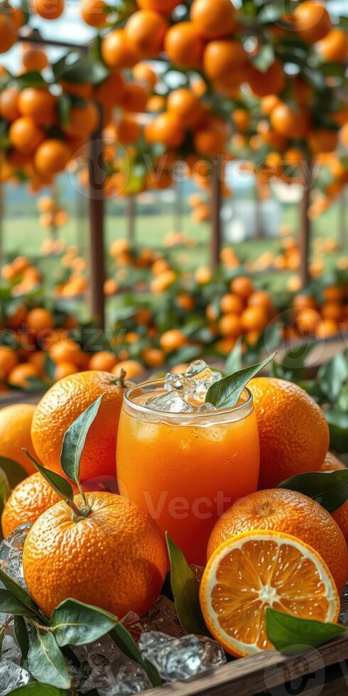 Freshly squeezed orange juice with oranges on display in a bright citrus farm during sunny afternoon photo