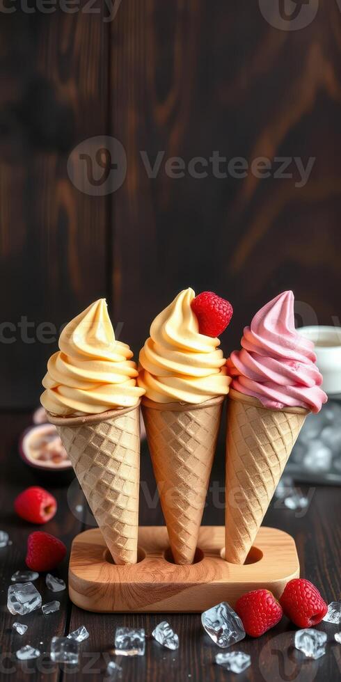 Three colorful ice cream cones displayed on a wooden tray with fresh strawberries and crushed ice on a dark wooden background photo