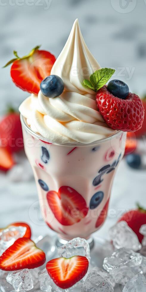 Delicious dessert with fresh strawberries and blueberries served in a glass cup topped with whipped cream photo
