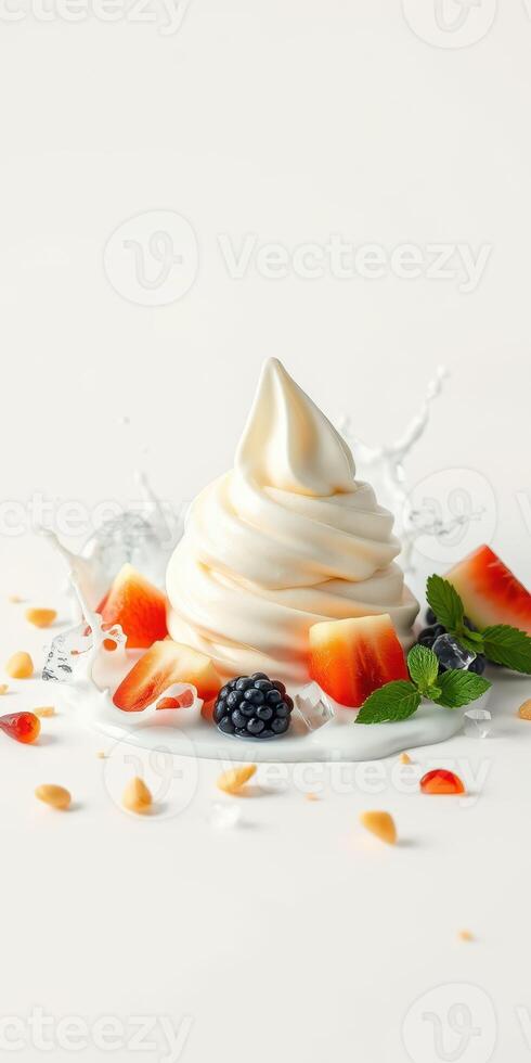 Indulgent soft serve ice cream topped with fresh fruits and nuts on a clean white backdrop photo