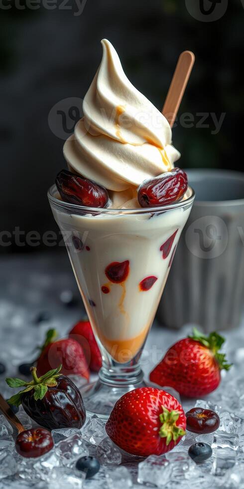 Delicious dessert with soft serve, chocolate drizzle, strawberries, and cherries in a glass on a table photo