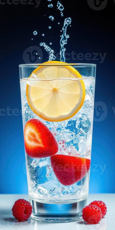 Refreshing citrus and berry drink in a tall glass with splashes and ice cubes photo