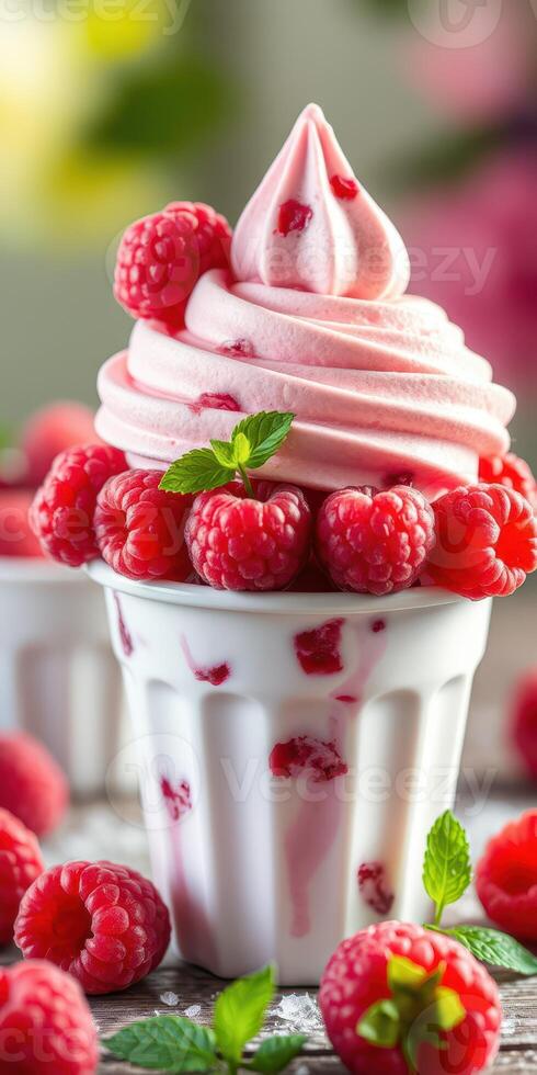 Delicious raspberry swirl soft serve topped with fresh raspberries and mint leaves in a decorative cup photo