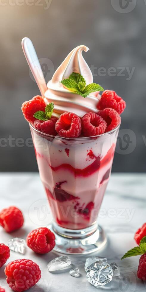Delicious raspberry parfait with soft serve and mint leaves served on a marble table photo