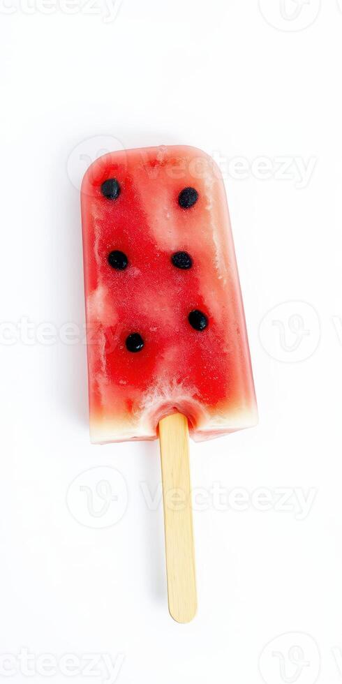 Colorful fruit popsicle with berries on a wooden stick resting on a white background photo