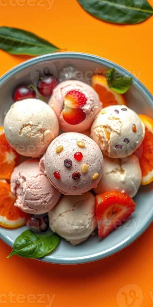 Colorful ice cream scoop arrangement with fresh fruits in a vibrant setting during warm season photo