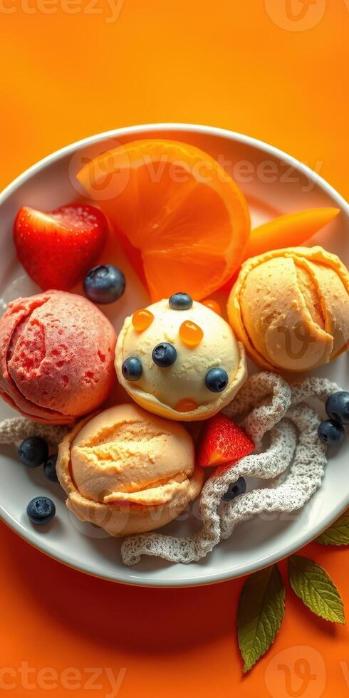Colorful assortment of ice cream scoops served with fresh fruits on a vibrant orange background photo