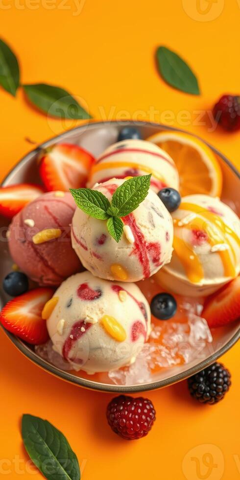 Colorful ice cream assortment with fresh fruits and vibrant background on a sunny day photo