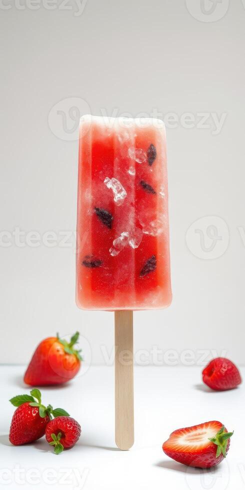 Refreshing strawberry popsicle in bright colors with fresh fruit nearby photo