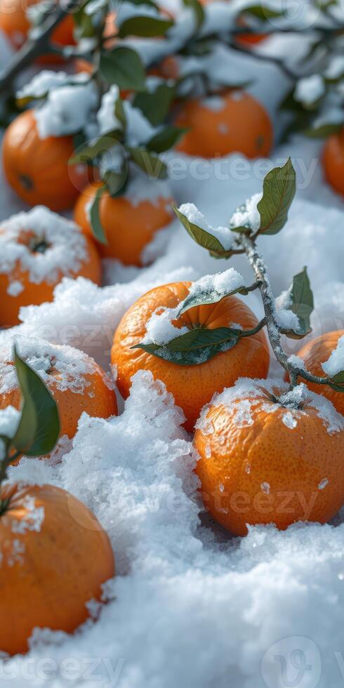 Fresh oranges surrounded by snow on a cold winter day in an orchard revealing seasonal contrasts photo