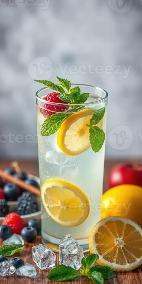 Refreshing summer cocktail garnished with mint and citrus sits on a wooden table surrounded by fresh fruits photo