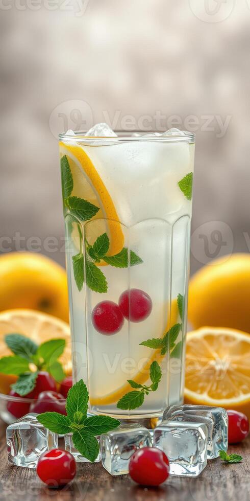 Refreshing lemonade with mint, cherries, and lemon slices served in a tall glass photo