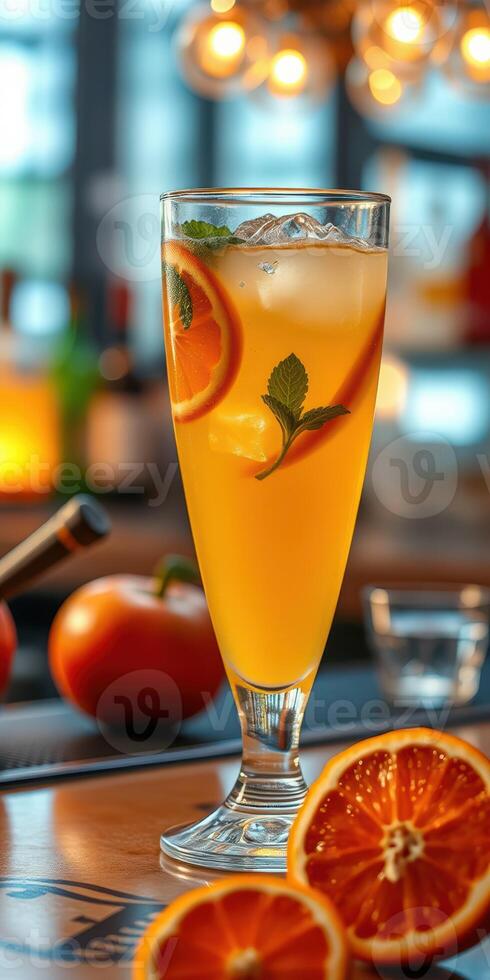 Refreshing citrus drink garnished with fresh mint and orange slices in a vibrant bar setting photo