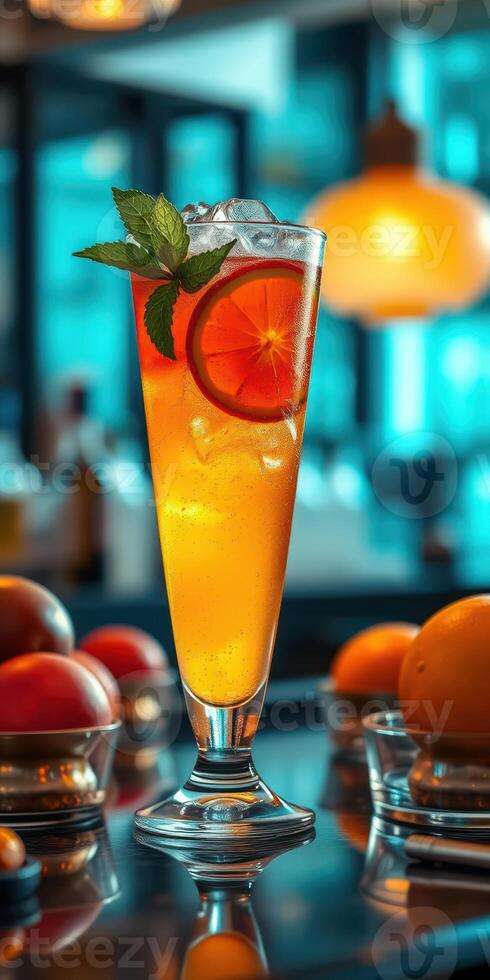 Refreshing citrus cocktail served in a tall glass with ice and garnished with mint leaves and orange slice photo