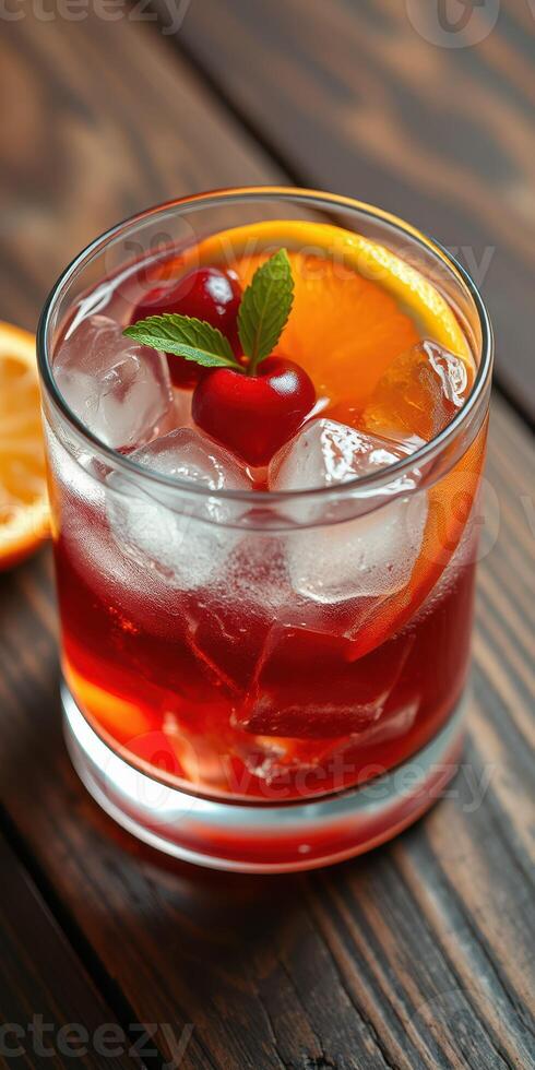 Colorful cocktail with ice, cherries, and orange slice on rustic wooden table photo