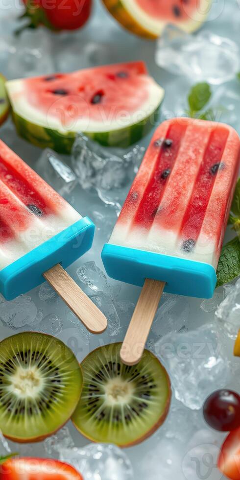 Colorful watermelon popsicles on ice surrounded by fresh fruits and mint leaves during a sunny day photo
