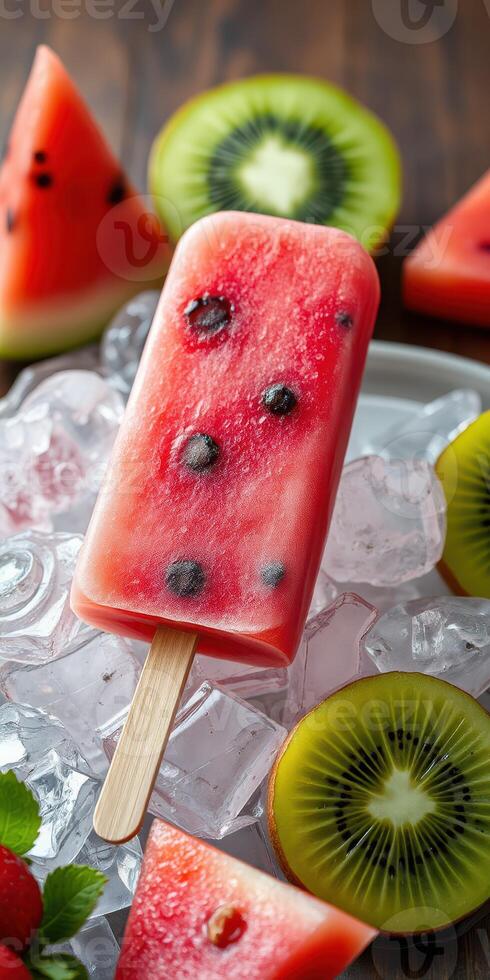 Refreshing watermelon and kiwi popsicle resting on ice with fruit slices in the background photo