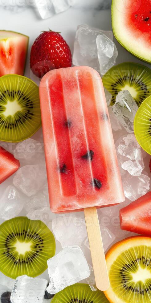 Colorful watermelon popsicle surrounded by fresh fruits and ice on a bright summer day photo