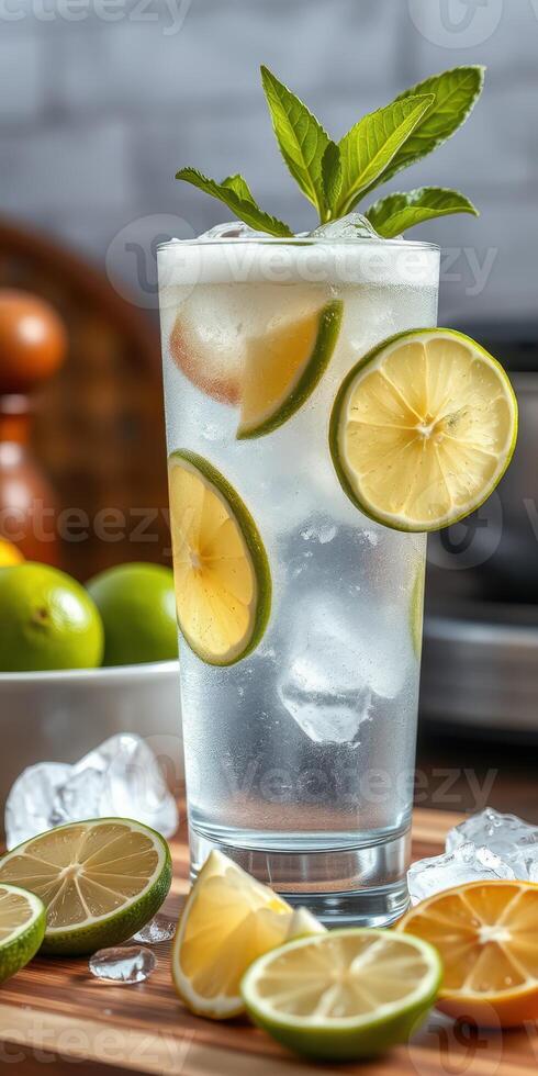 Refreshing citrus beverage with lime and mint in glass served with ice on wooden tabletop photo