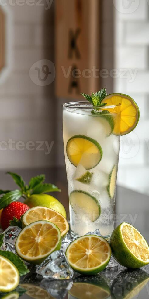 Refreshing lemonade drink served with lime and mint on a counter with fresh fruit photo