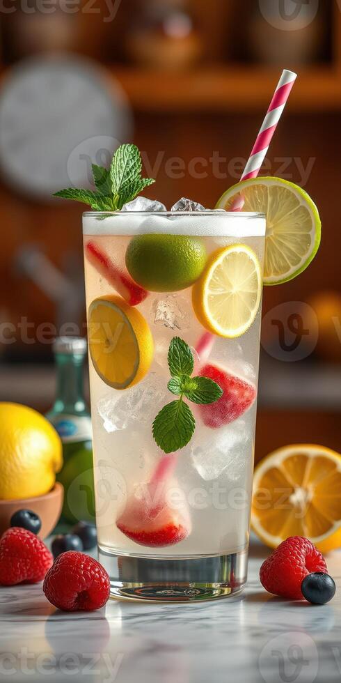 Refreshing citrus lemonade with mint and mixed berries served in a tall glass on a kitchen counter photo