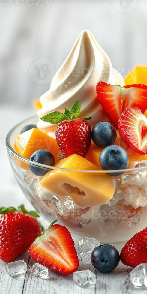 Delicious dessert bowl filled with creamy soft serve, fresh fruits, and sweet toppings during a sunny afternoon photo