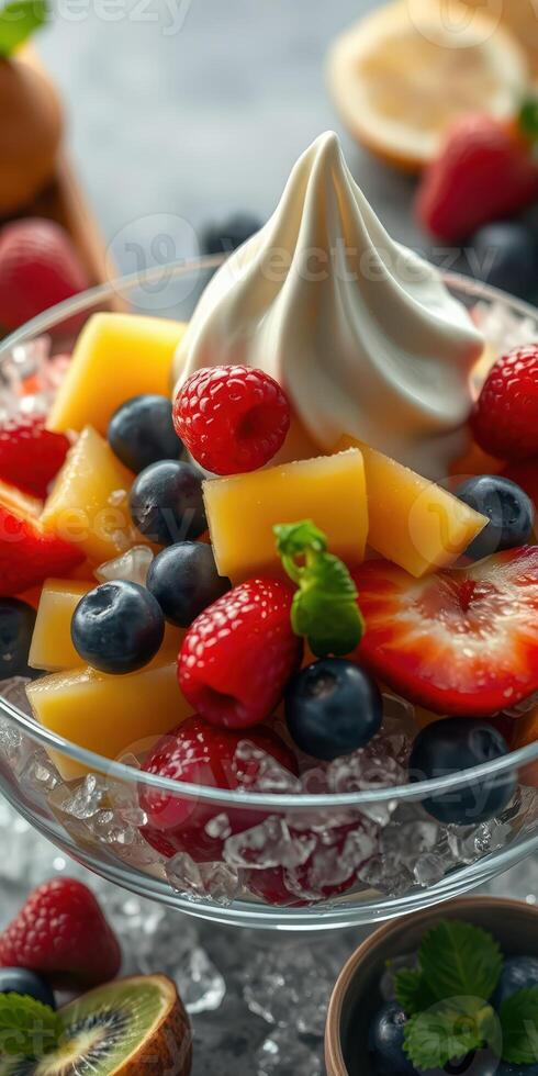 Fresh fruit salad topped with creamy swirl and garnished with mint in a clear bowl on a light background photo