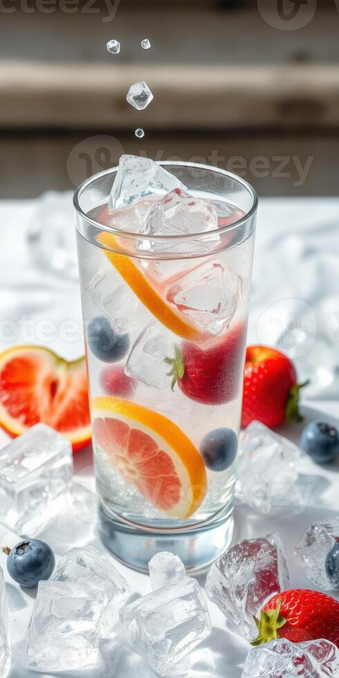 Refreshing summer cocktail with ice and fresh fruit garnished in a clear glass photo
