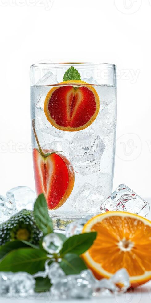Refreshing drink with bright fruit and ice for summer enjoyment in a clear glass photo