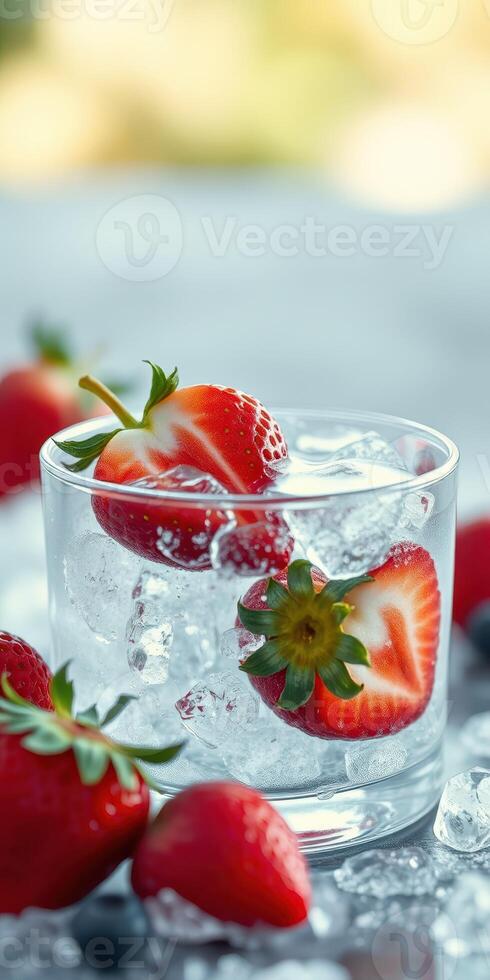 Fresh strawberries in glass with ice and surrounding berries on a bright summer day photo
