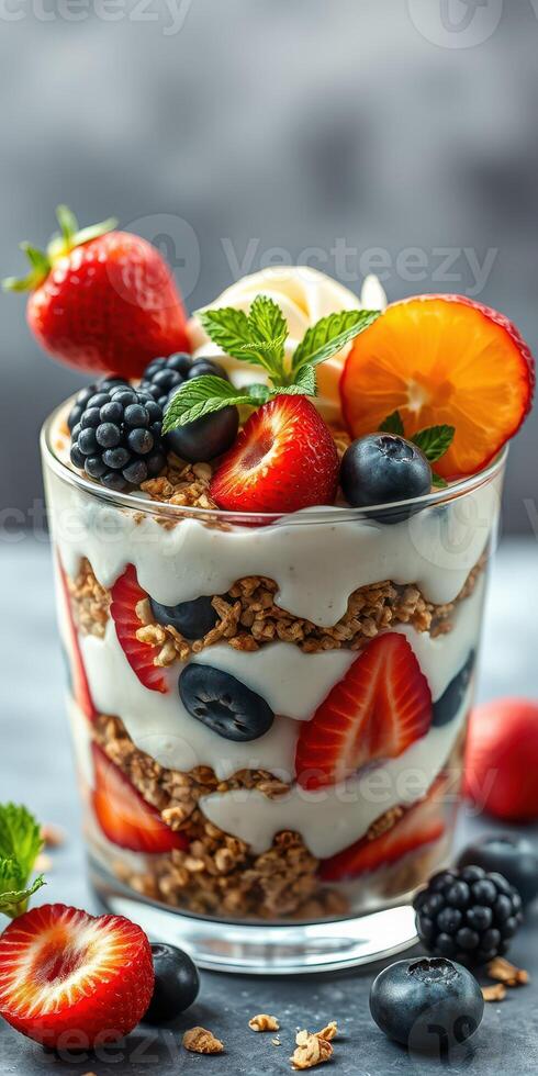Delicious layered dessert featuring yogurt, granola and fresh fruits served in a glass photo