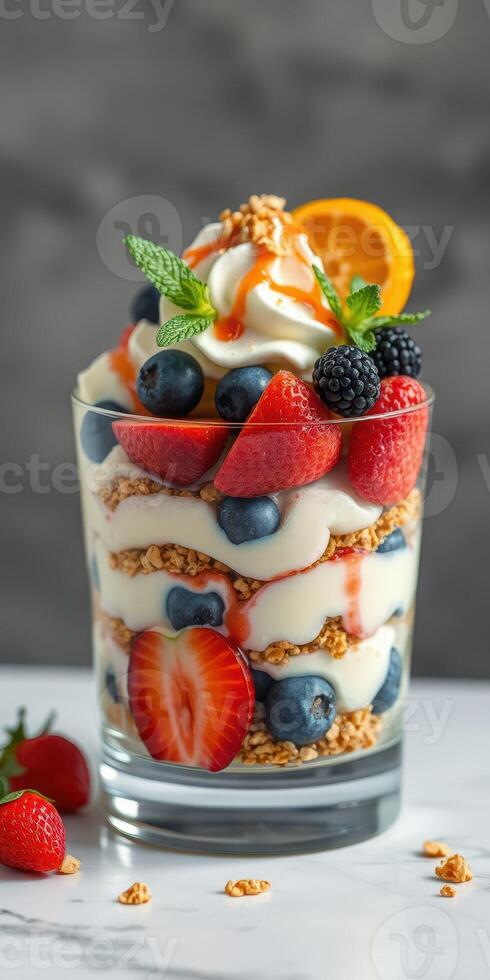 Delicious layered dessert with yogurt, berries, and granola in a glass served on a marble surface photo