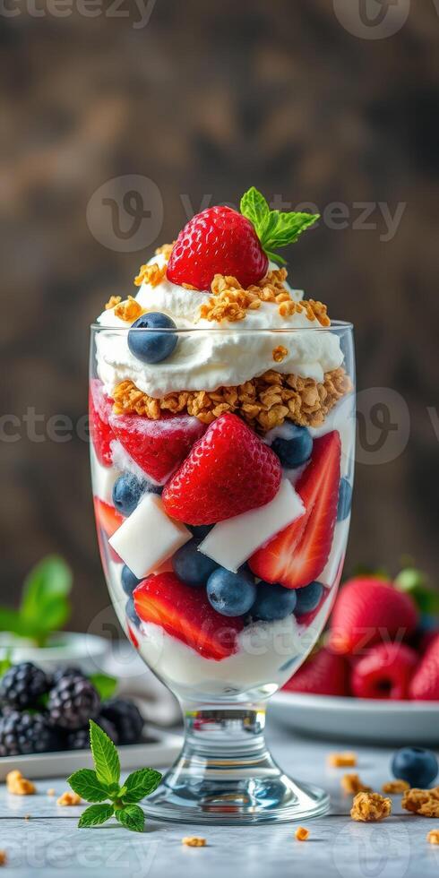 Delicious berry parfait layered with yogurt, granola, and fresh fruits served in a clear glass photo