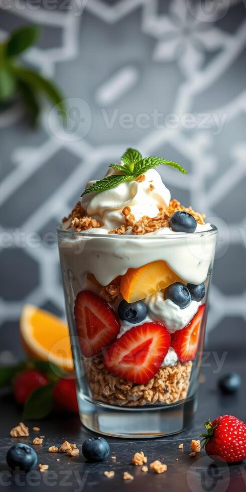 Colorful yogurt parfait with fresh fruits and granola in a modern setting photo
