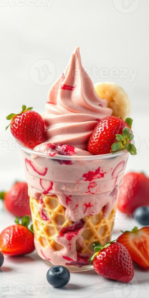 Delicious soft serve ice cream topped with fresh strawberries and a banana slice at a summer dessert stand photo