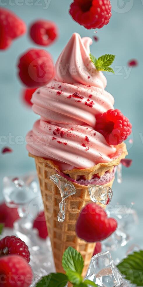 Red raspberry ice cream delight in a waffle cone with fresh berries and ice on a blue background photo
