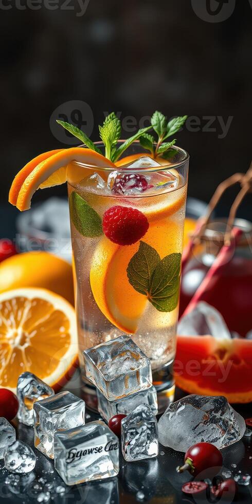 Refreshing summer drink with orange and raspberry garnishes served on ice in a glass photo